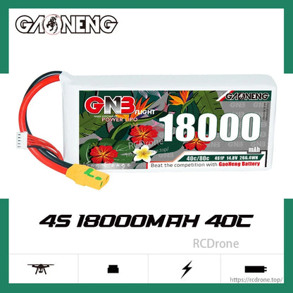 GAONENG GNB 4S 18000mAh 40C LiPo battery front label view with main leads and balance plug