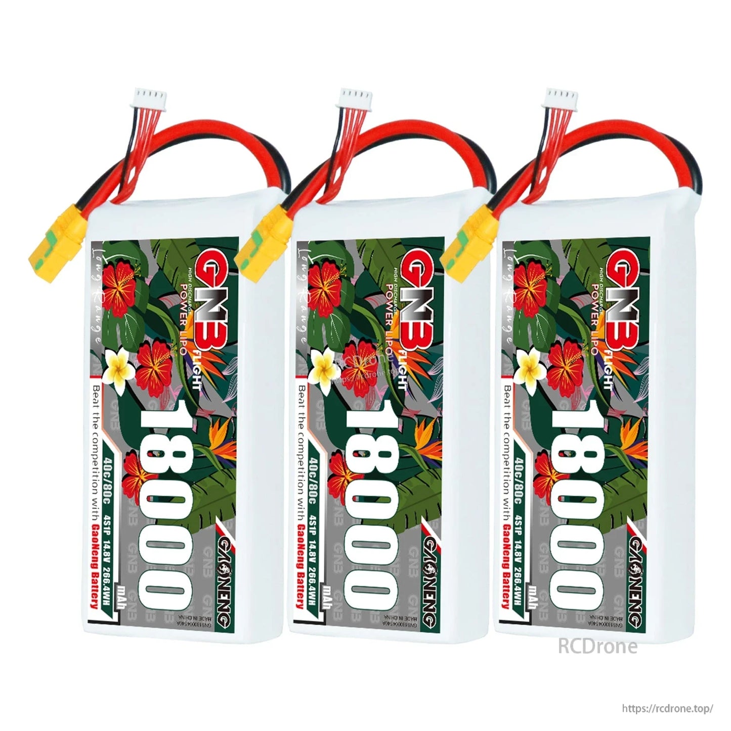 Three GNB 18000 battery packs shown together, each with XT90S connector and balance lead