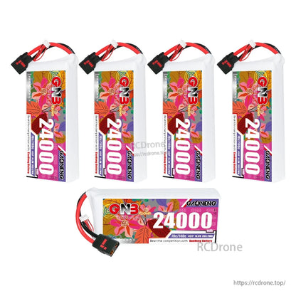 Five-pack display of GNB 24000mAh batteries, four upright and one horizontal