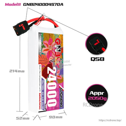 Battery dimensions diagram with QS8 connector callout and approx weight 2050g