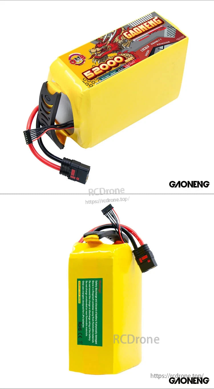 Two-angle collage showing top label side and rear green label of the battery pack