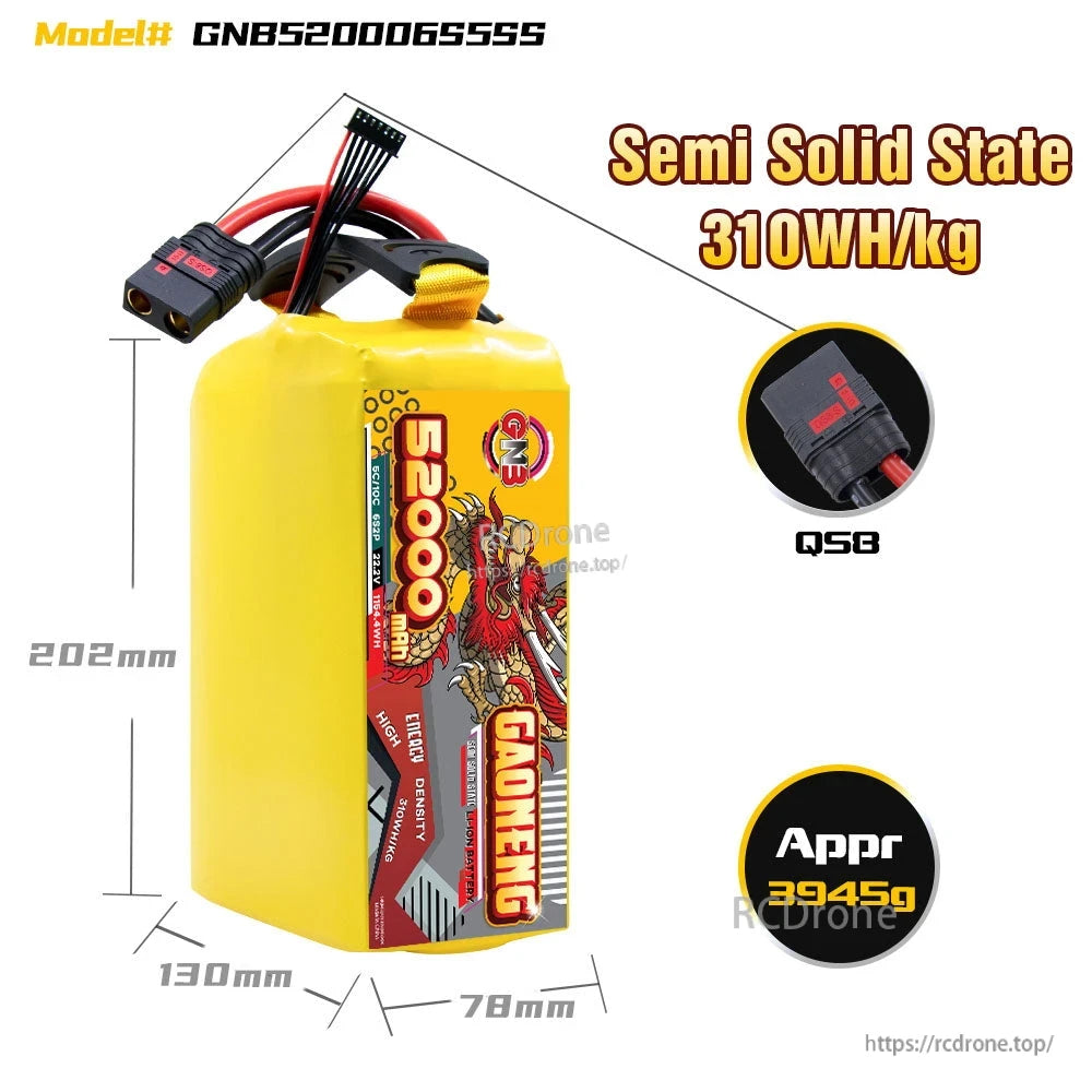 GAONENG GNB 52000mAh 6S 22.2V 5C QS8 Semi Solid-State Li-ion Battery Pack for UAV/FPV/eVTOL