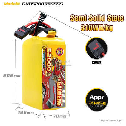 GAONENG GNB 52000mAh 6S 22.2V 5C QS8 Semi Solid-State Li-ion Battery Pack for UAV/FPV/eVTOL