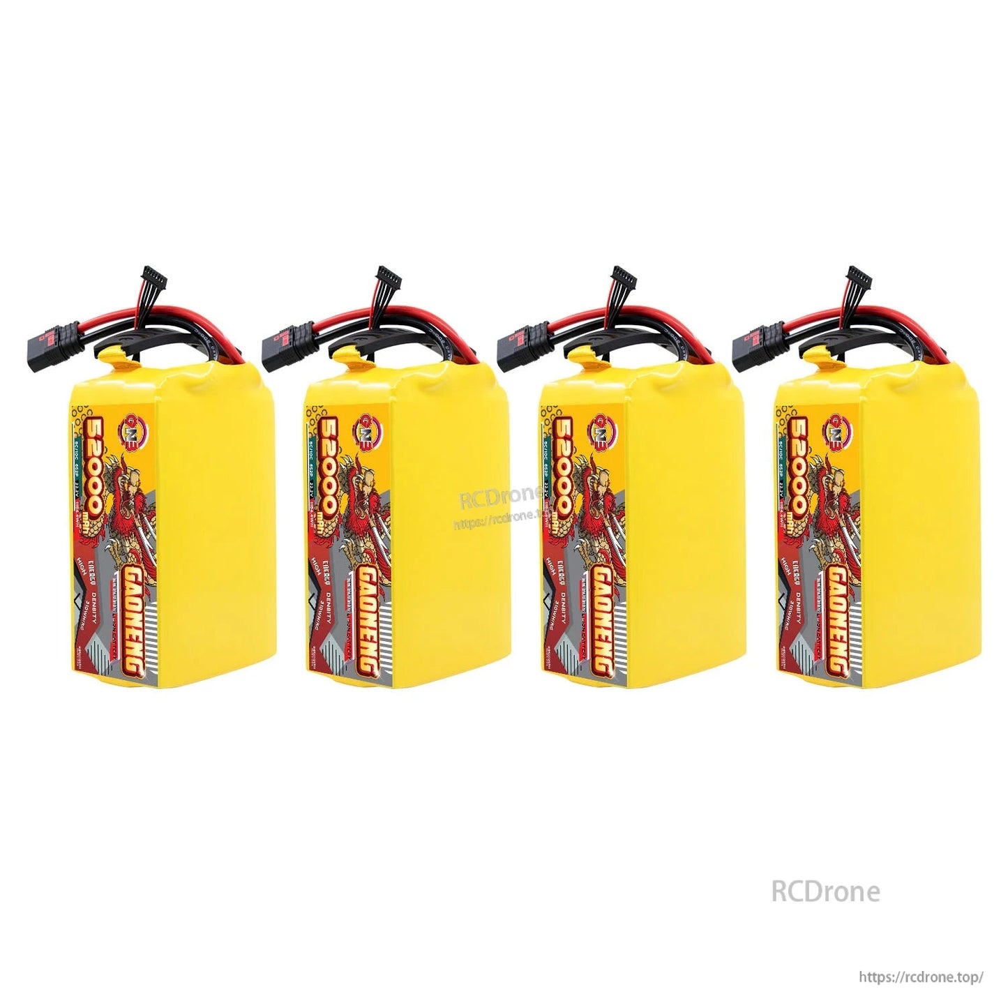 Four GAONENG battery packs lineup, upright view showing side label and connector leads