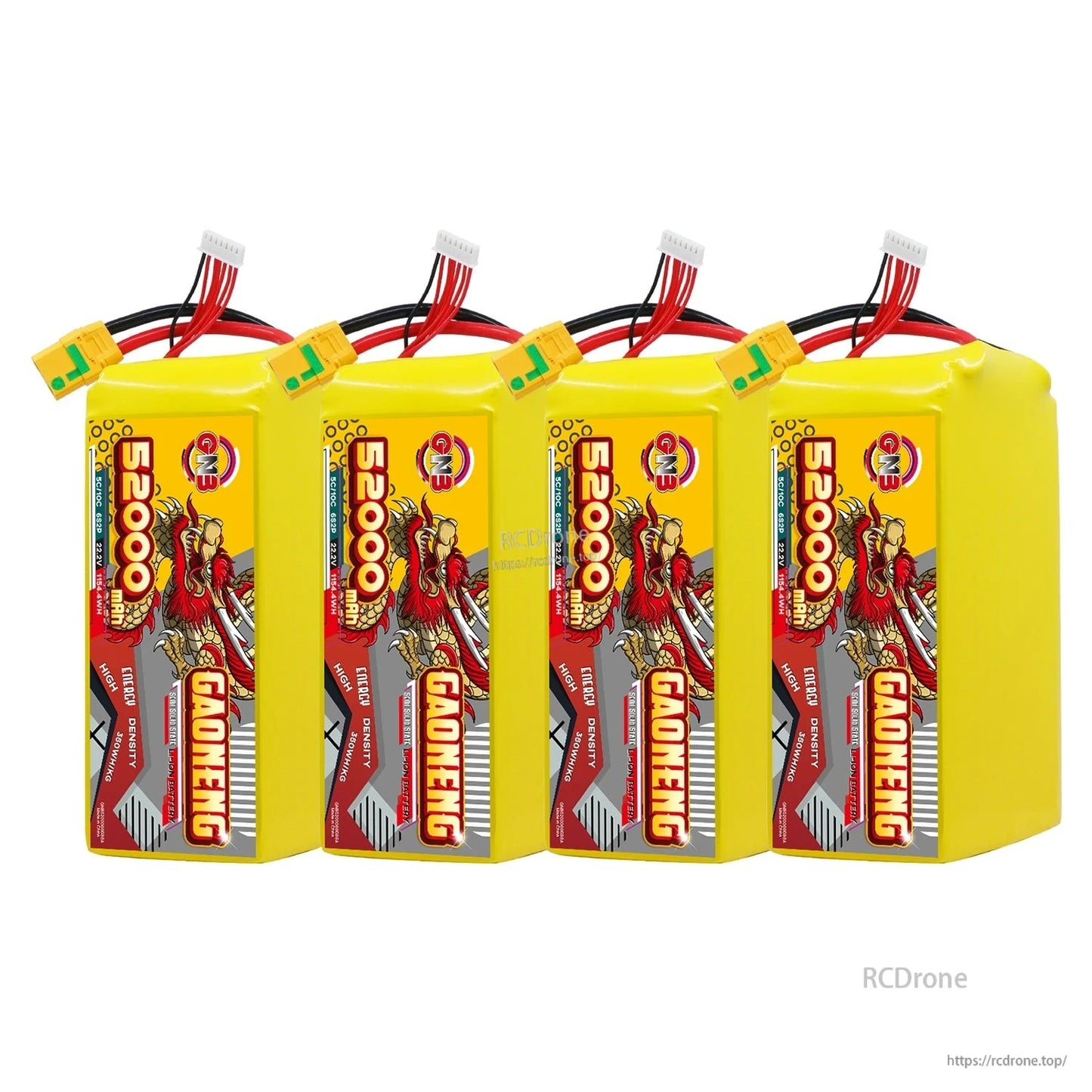 Four upright GAONENG 52000mAh packs plus one side-view pack showing thickness and cable routing