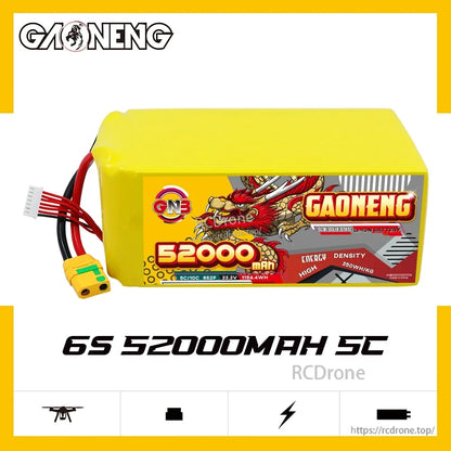 GAONENG GNB 52000mAh 6S 5C battery pack side view with XT90S and balance connector