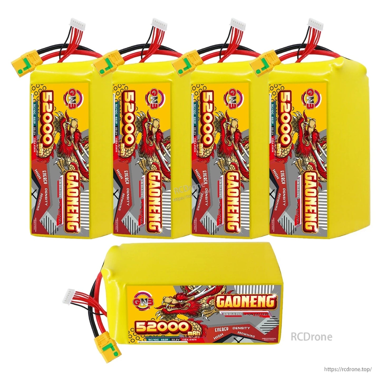 Five-pack layout: four upright GAONENG 52000mAh batteries and one horizontal pack showing side label