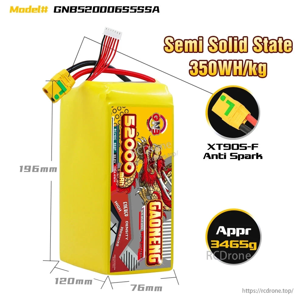 Battery size and features infographic: 196×120×76 mm, semi solid state 350Wh/kg, XT90S-F anti-spark, ~3455g