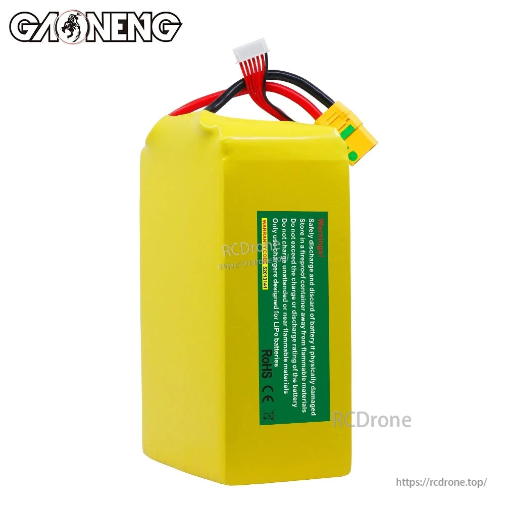 Rear view of GAONENG battery pack with green safety label and CE/RoHS markings