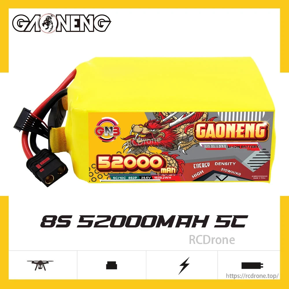 Side profile of GAONENG GNB 52000mAh 8S 29.6V 5C battery pack showing front label panel