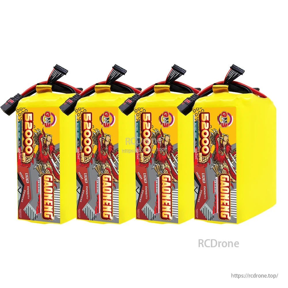 Four GAONENG 52000mAh battery packs lined up, labels facing forward with QS8 leads on top