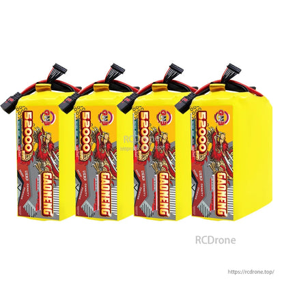 Four GAONENG 52000mAh battery packs lined up, labels facing forward with QS8 leads on top