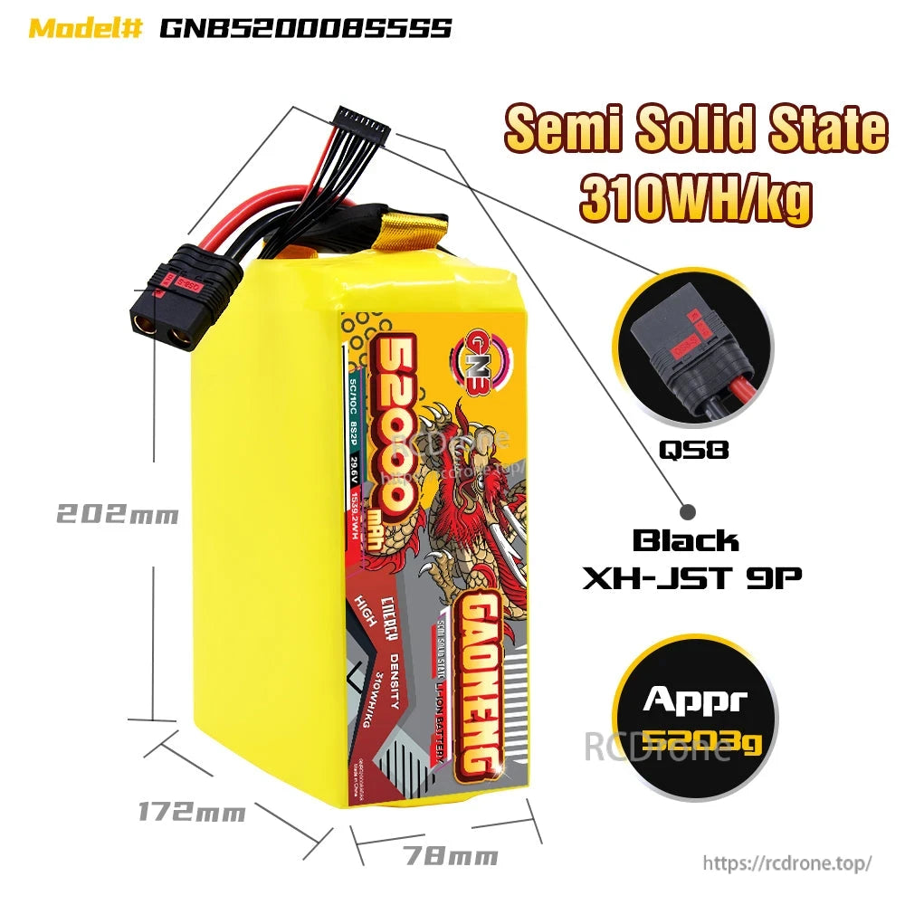 GNB 52000mAh 8S battery dimensions 202×172×78mm, QS8 plug and XH-JST 9P balance lead