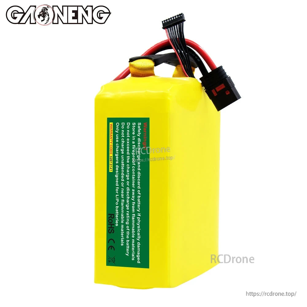 Rear side of GAONENG battery pack showing green safety label and bundled discharge/balance wires
