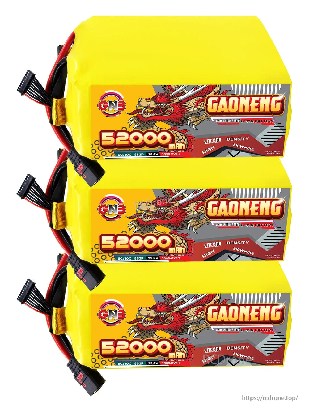 Three GAONENG 52000mAh battery packs stacked horizontally with labels visible and leads on left