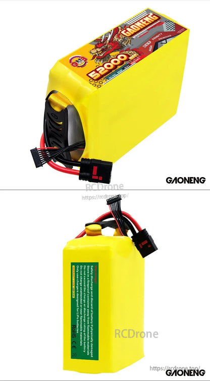 Two-angle collage showing front label side and rear safety label side of the GAONENG battery pack