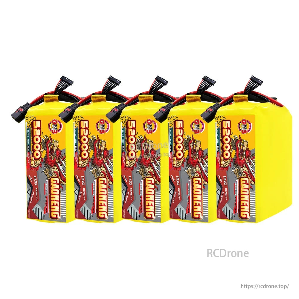 Five GAONENG 52000mAh battery packs lined up, labels facing forward with connectors on top