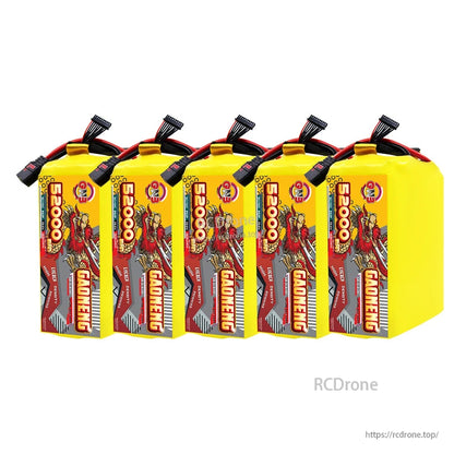 Five GAONENG 52000mAh battery packs lined up, labels facing forward with connectors on top