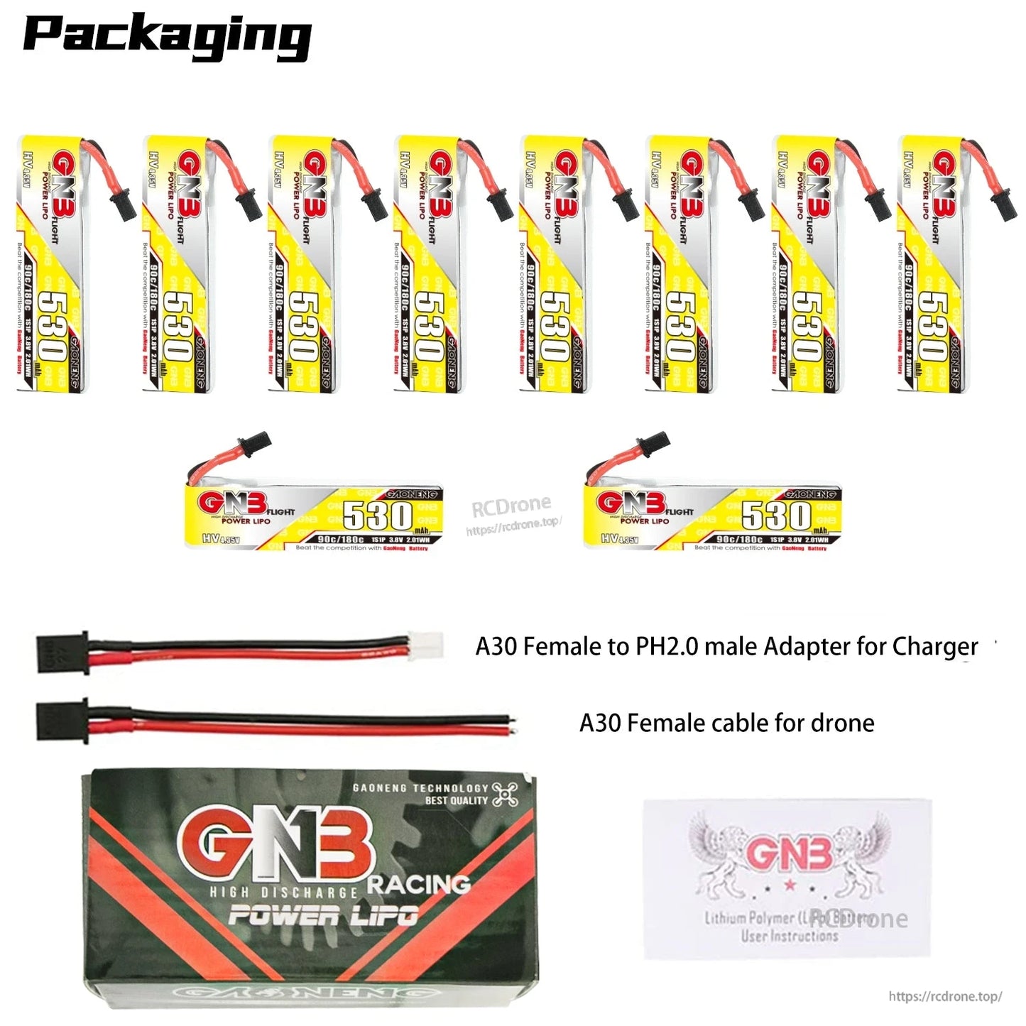 Packaging contents: 10 batteries shown plus 2 extra pack views, A30-to-PH2.0 adapter, A30 drone cable, box, manual