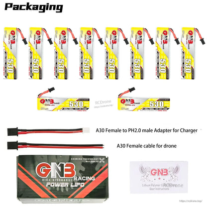 Packaging contents: 10 batteries shown plus 2 extra pack views, A30-to-PH2.0 adapter, A30 drone cable, box, manual