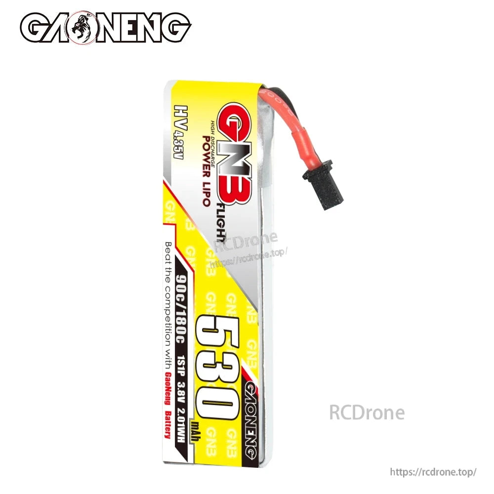 Side profile of GAONENG GNB 530mAh 1S LiHV battery showing thickness and A30 cabled lead