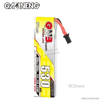 Side profile of GAONENG GNB 530mAh 1S LiHV battery showing thickness and A30 cabled lead