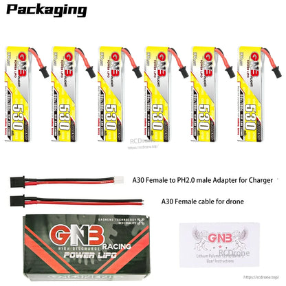 Packaging contents: 6x GNB 530 batteries plus A30-to-PH2.0 charge adapter, A30 drone cable, box and instructions