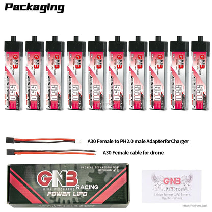 Packaging contents for 10x GNB 550 batteries with A30 leads, adapter cable, branded box and leaflet