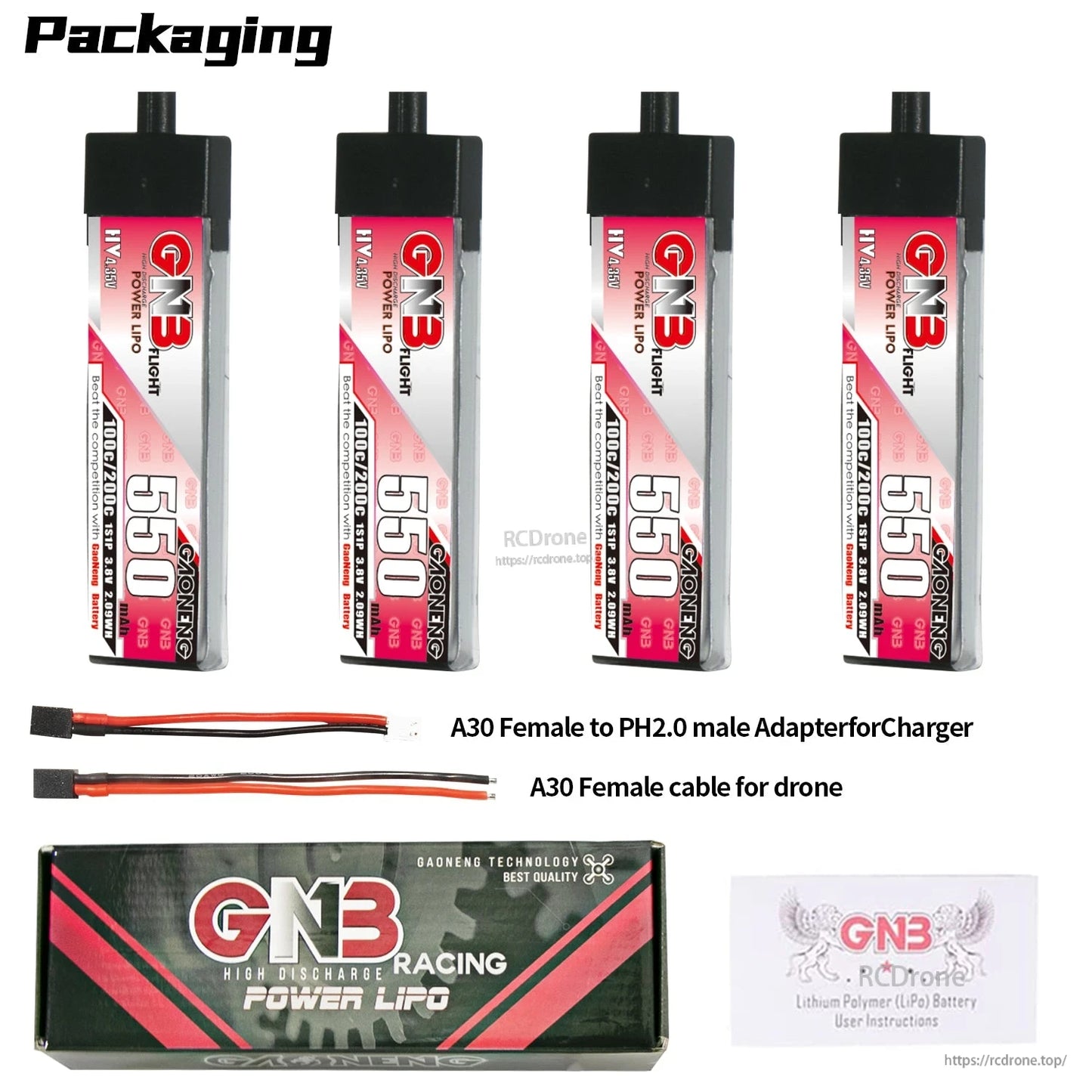 Packaging contents for 4x GNB 550 batteries with A30 cables, adapter lead, box and leaflet