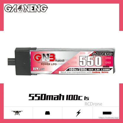 GNB 550mAh 100C 1S LiHV battery product graphic with GAONENG branding and icons