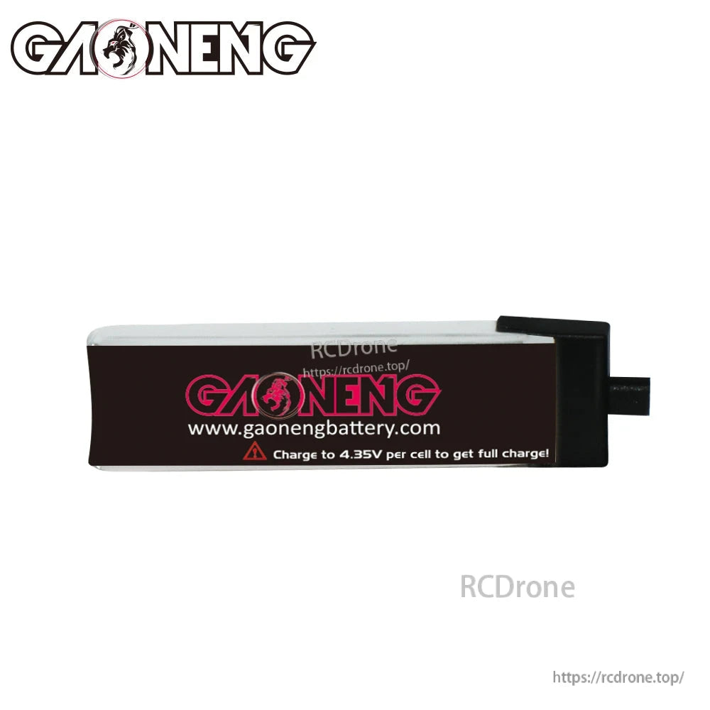 Side view showing gaonengbattery.com text and charge-to-4.35V warning on the battery wrap