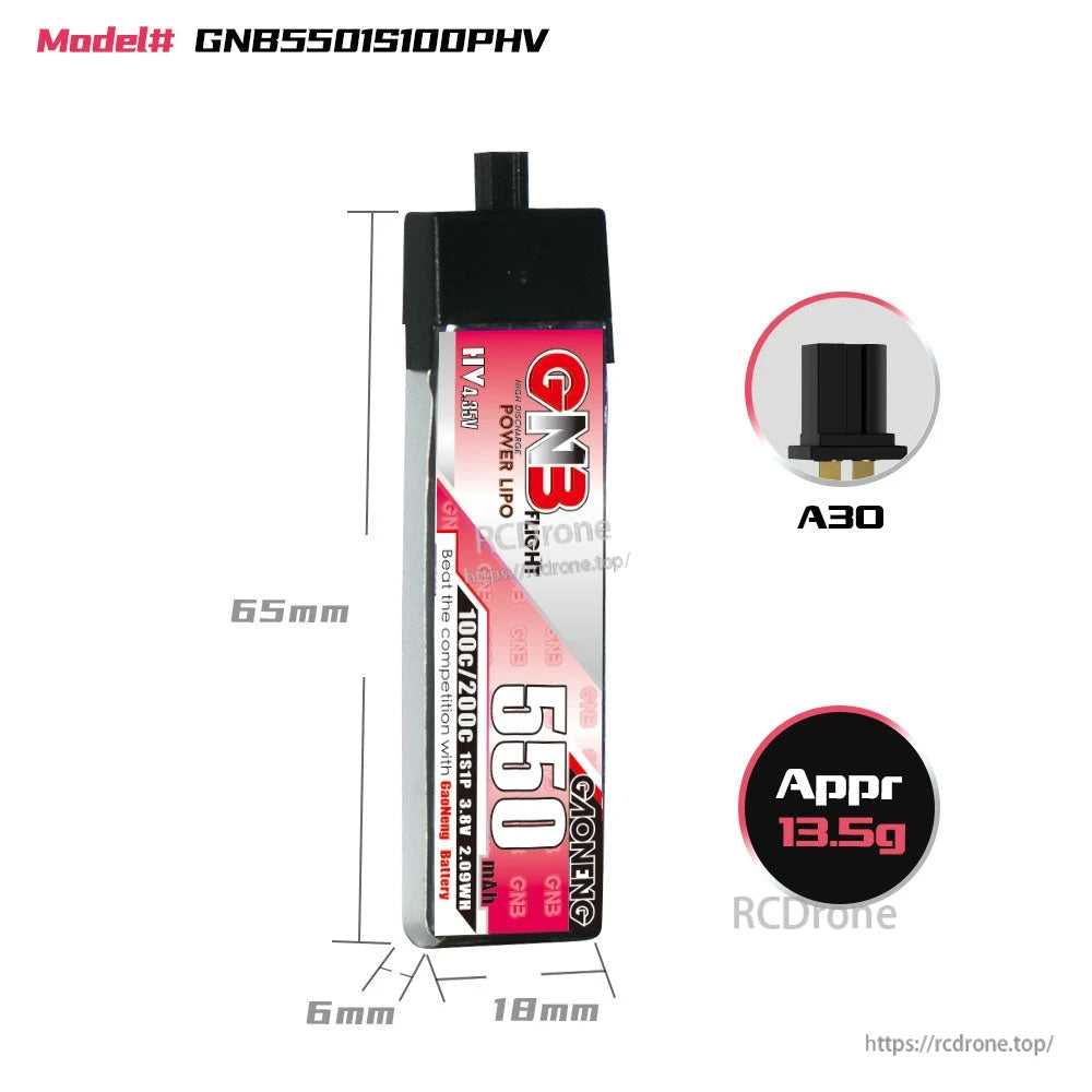GAONENG GNB 550mAh 1S 3.8V LiHV 100C LiPo Battery size chart with A30 connector and approx weight