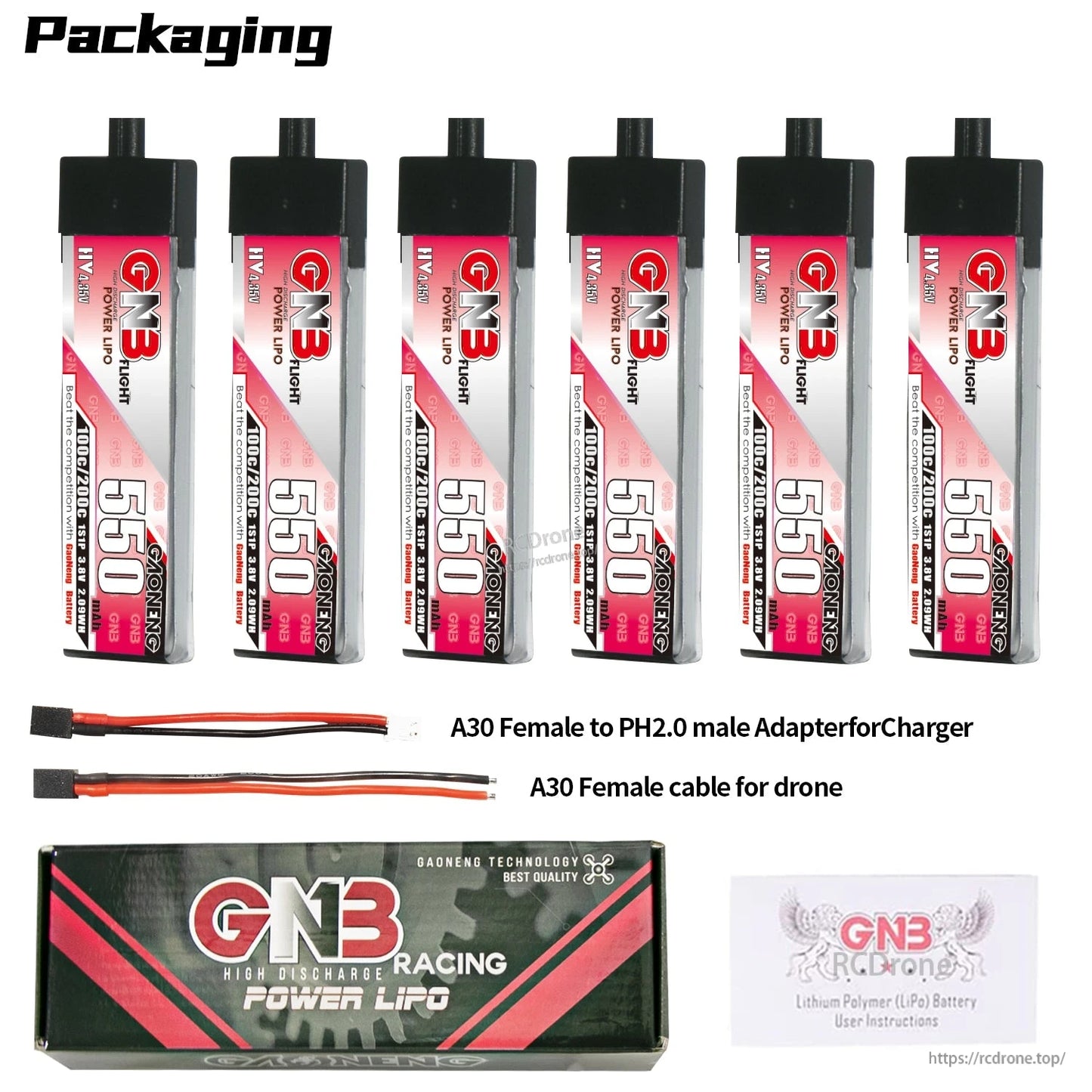 Packaging contents for 6x GNB 550 batteries with A30 leads, adapter cable, branded box and leaflet