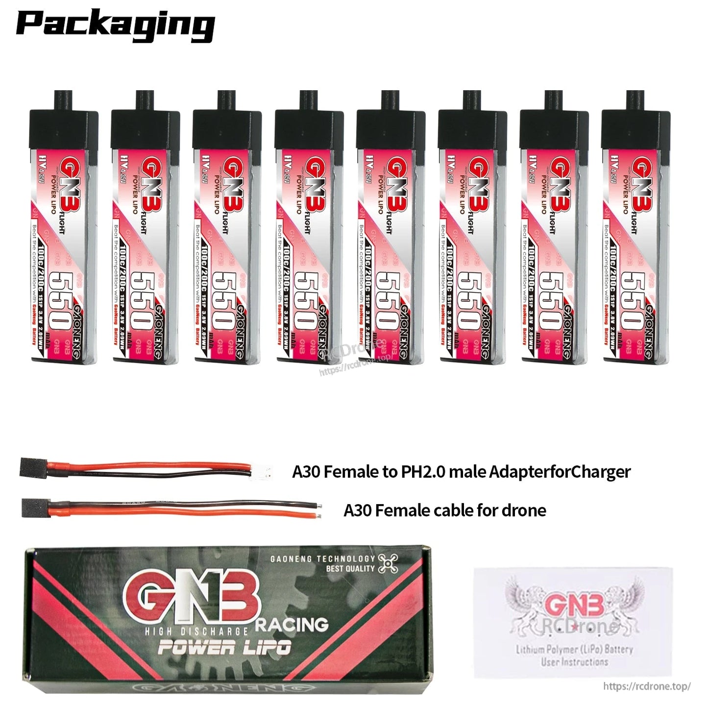 Packaging contents for 8x GNB 550 batteries with A30 cable set, adapter lead, box and leaflet