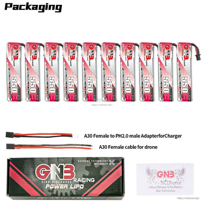 Packaging contents for 10 batteries with A30-to-PH2.0 adapter lead, A30 female cable, box and manual