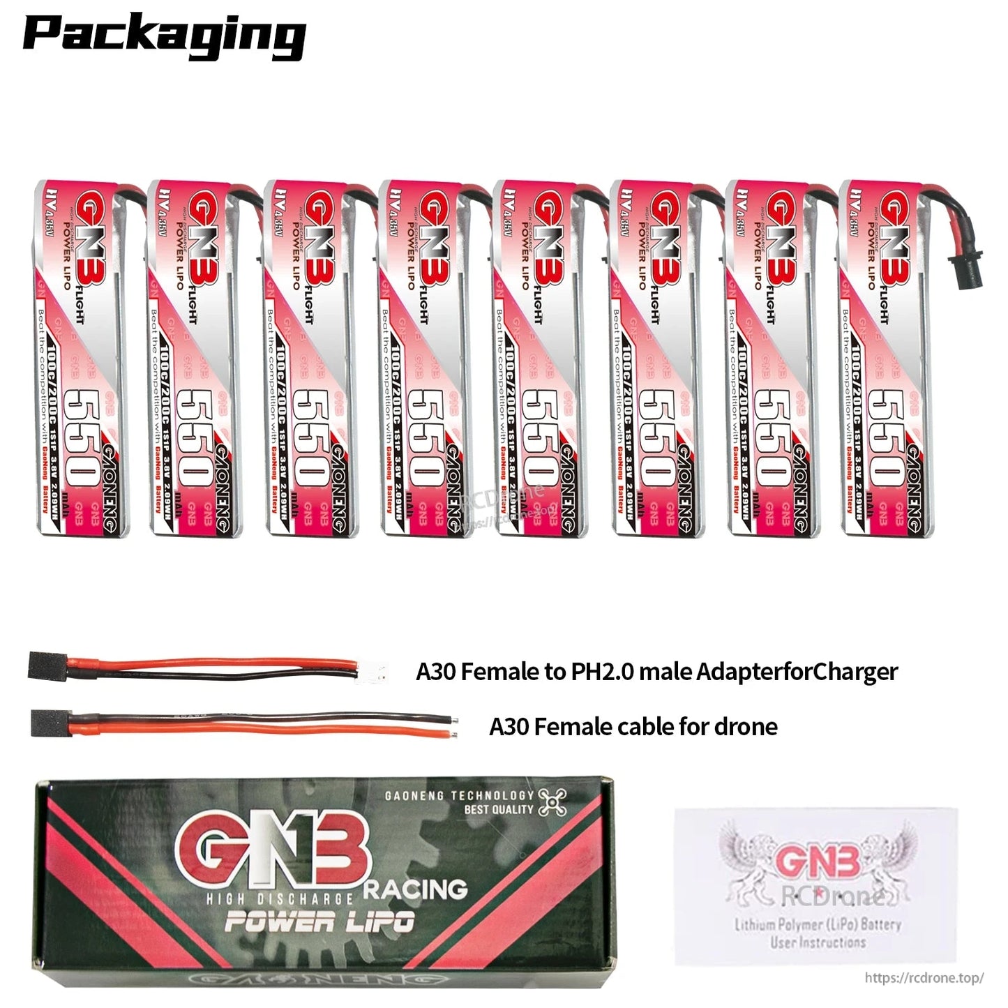 Packaging contents for 8 batteries with A30-to-PH2.0 adapter lead, A30 female cable, box and manual