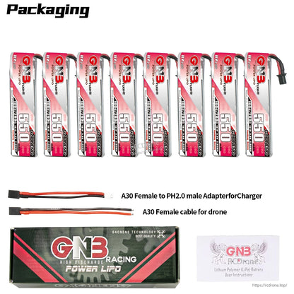 Packaging contents for 8 batteries with A30-to-PH2.0 adapter lead, A30 female cable, box and manual