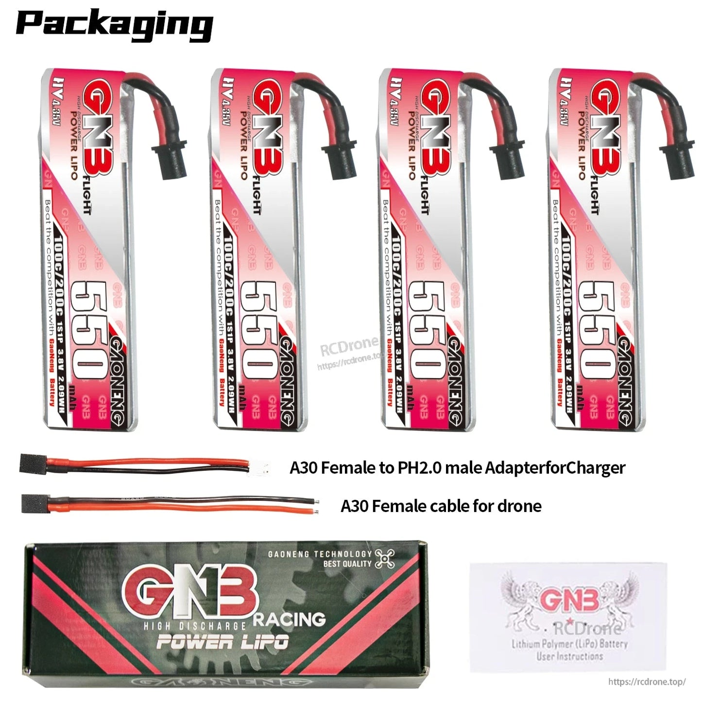 Packaging contents for 4 batteries: A30-to-PH2.0 adapter lead, A30 female cable, box and booklet