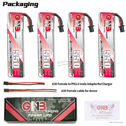 Packaging contents for 4 batteries: A30-to-PH2.0 adapter lead, A30 female cable, box and booklet