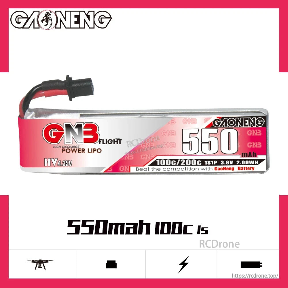GAONENG GNB 550mAh 1S 3.8V LiHV LiPo battery side profile with 550mAh 100C label graphic