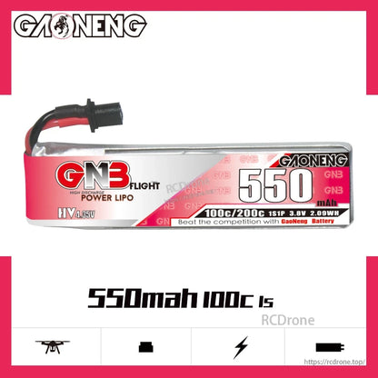 GAONENG GNB 550mAh 1S 3.8V LiHV LiPo battery side profile with 550mAh 100C label graphic