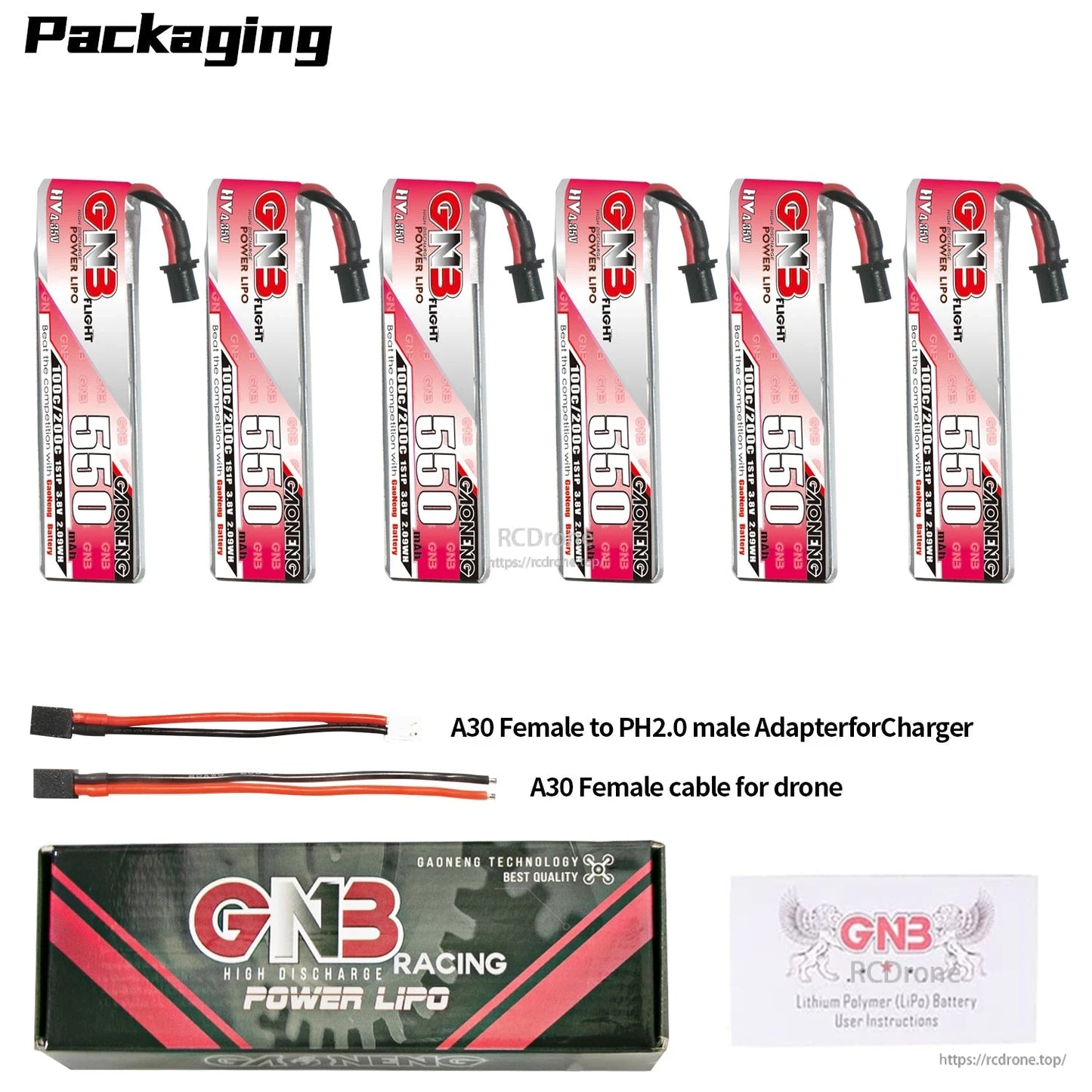 Packaging contents for 6 batteries with A30-to-PH2.0 adapter lead, A30 female cable, box and manual
