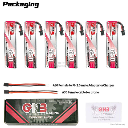 Packaging contents for 6 batteries with A30-to-PH2.0 adapter lead, A30 female cable, box and manual