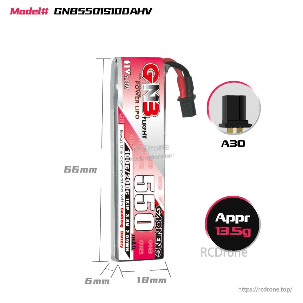 GNB 550mAh 1S battery size and weight chart: 66mm length, 18mm width, A30 plug, appr 13.5g