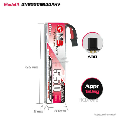 GNB 550mAh 1S battery size and weight chart: 66mm length, 18mm width, A30 plug, appr 13.5g