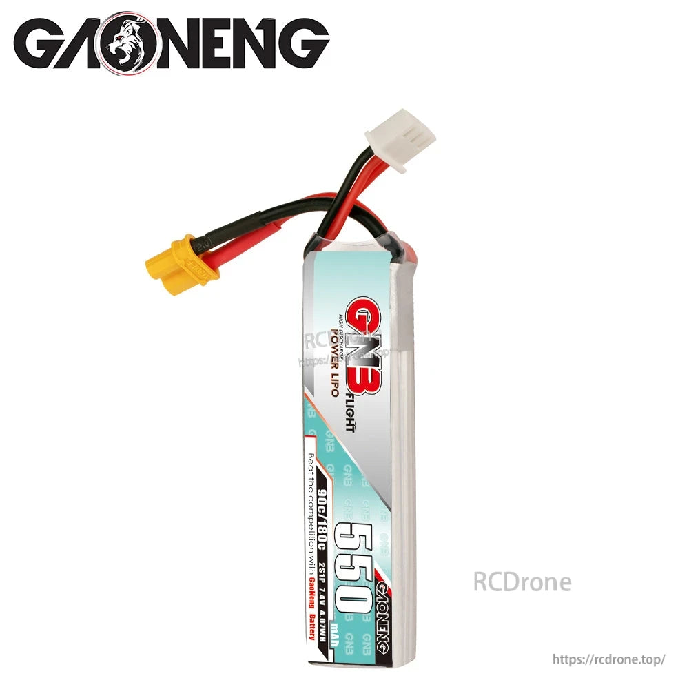 Side profile of GNB 550mAh 2S LiPo battery showing long slim pack shape and leads