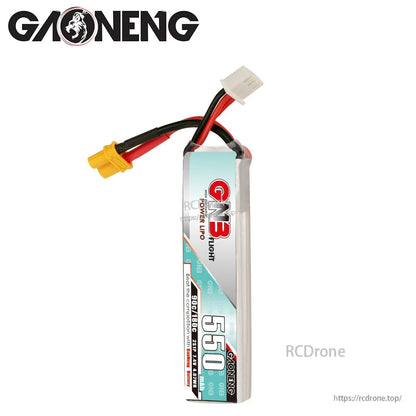 Side profile of GNB 550mAh 2S LiPo battery showing long slim pack shape and leads