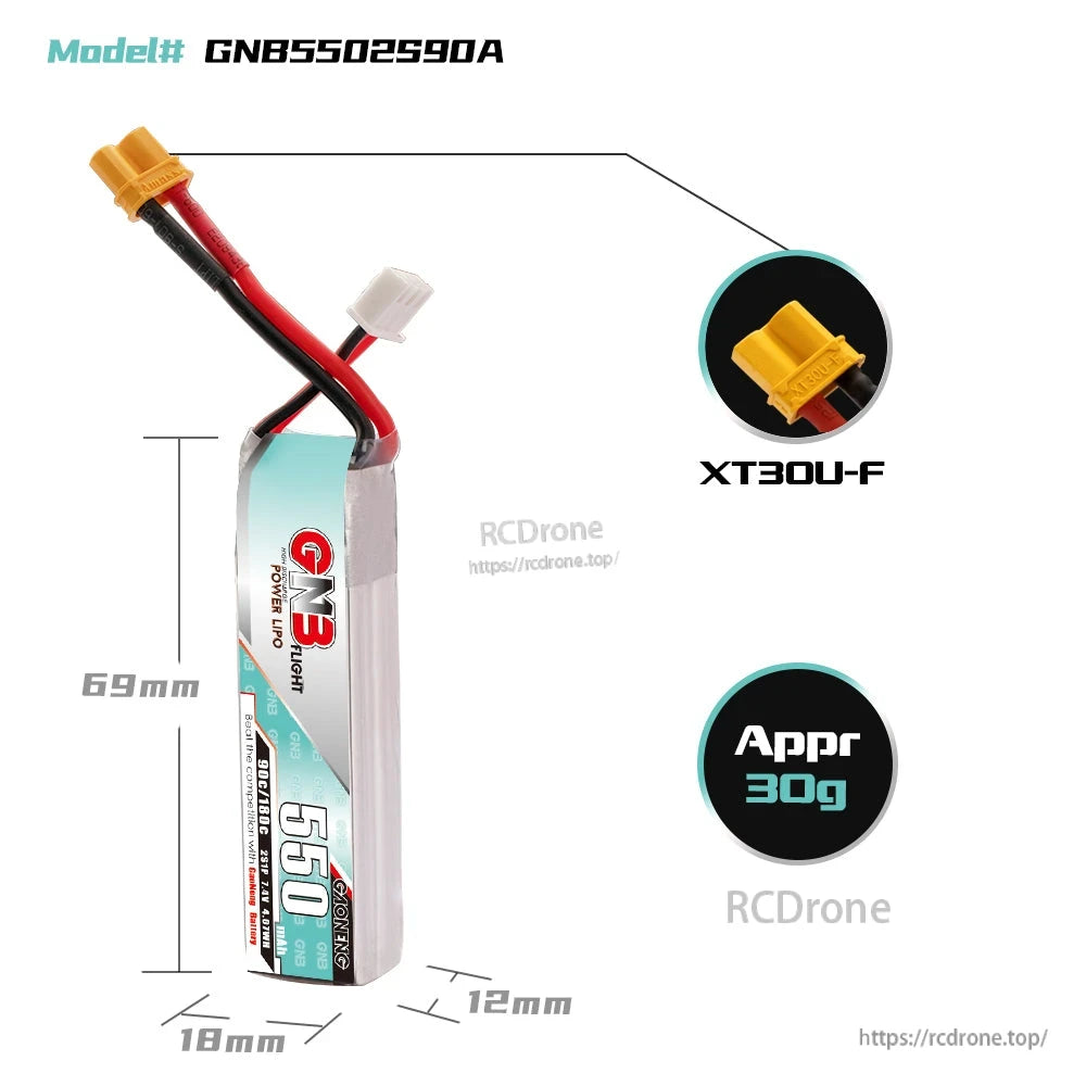 GAONENG GNB 550mAh 2S LiPo battery dimensions diagram (69×18×12mm) with XT30U-F connector and approx 30g