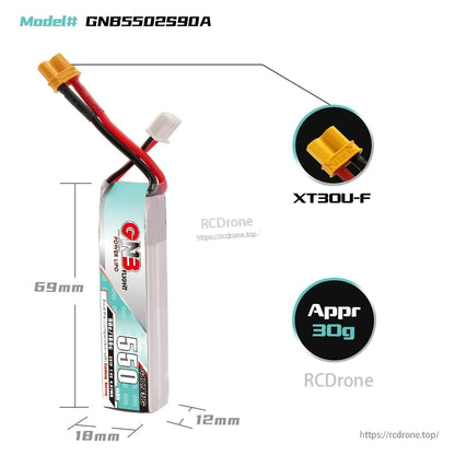 GAONENG GNB 550mAh 2S LiPo battery dimensions diagram (69×18×12mm) with XT30U-F connector and approx 30g