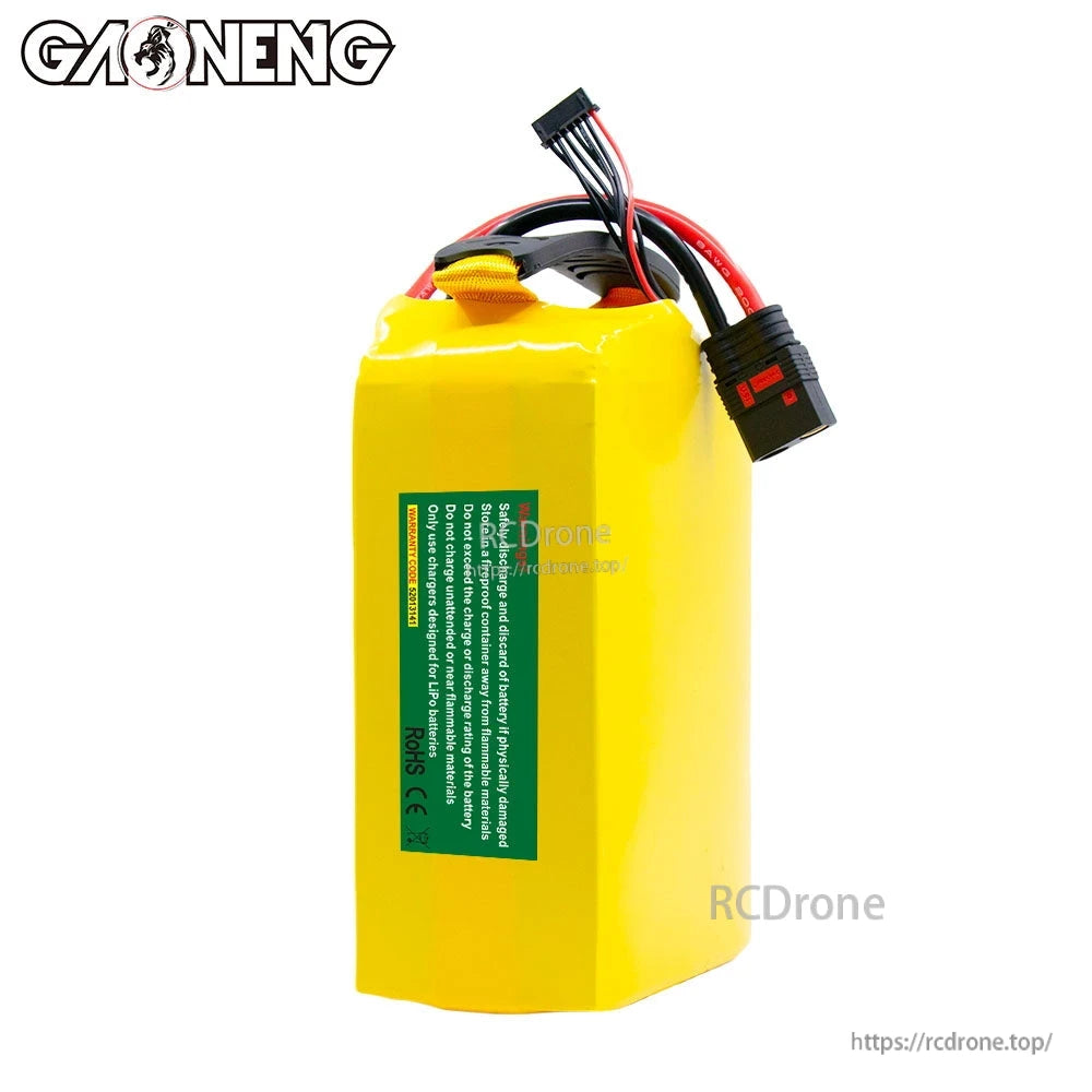 Rear view of GAONENG battery pack showing green warning/spec label and QS8-S connector lead